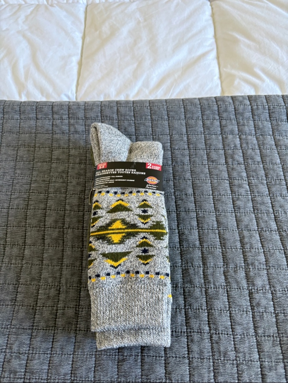 Dickies Gray Crew Socks with Yellow Geometric Accents